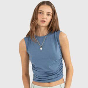 Crewneck Fitted Ruched Sides Sleeveless Summer Knit T- Shirt - Color Blue
